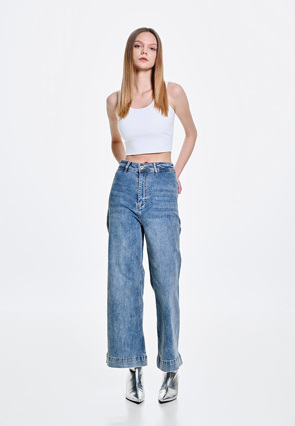 Women Wide Leg Long Jeans - Blue - 410050