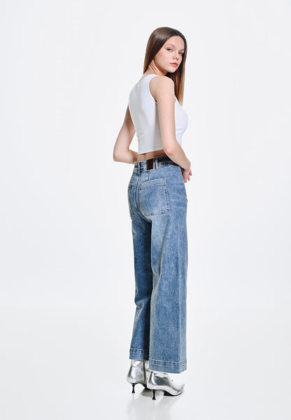 Women Wide Leg Long Jeans - Blue - 410050