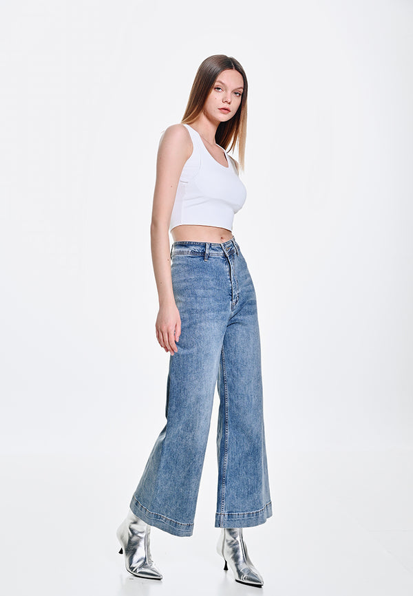Women Wide Leg Long Jeans - Blue - 410050