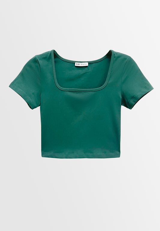 Women Short-Sleeve Crop Top Tee - Dark Green - M3W845