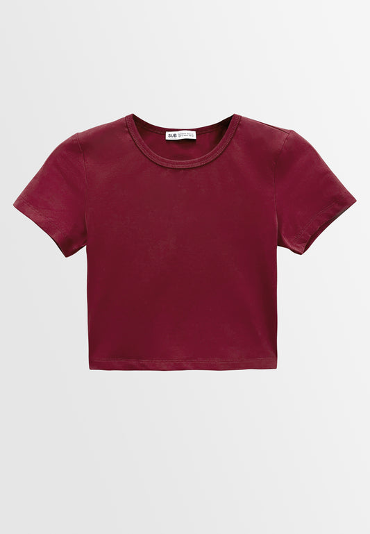 Women Short-Sleeve Crop Top Tee - Dark Red - M3W848