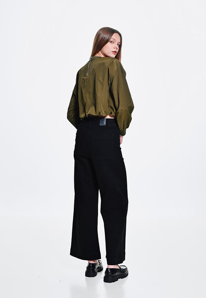 Women Wide Leg Long Jeans - Black - 410048