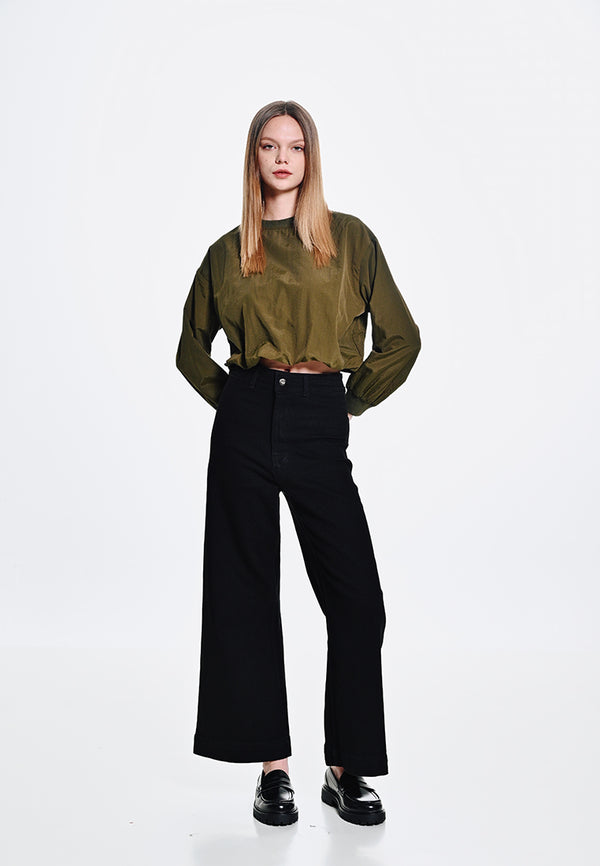 Women Wide Leg Long Jeans - Black - 410048