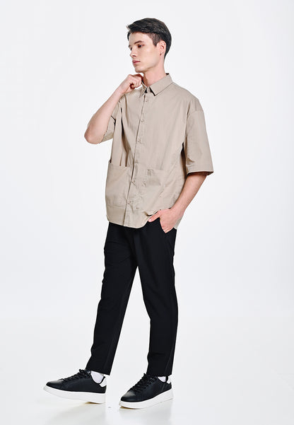 Men Oversized Short-Sleeve Shirt - Khaki - 310036