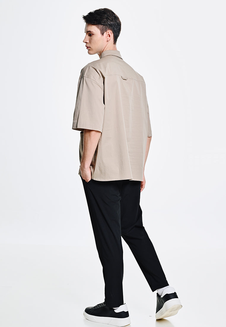 Men Oversized Short-Sleeve Shirt - Khaki - 310036