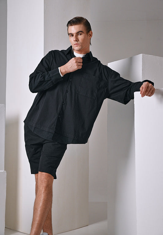 Men Oversized Long-Sleeve Shirt - Black - 410015