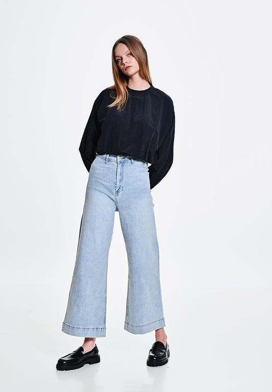 Women Wide Leg Long Jeans - Light Blue - 410049