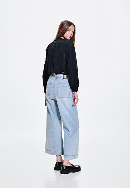 Women Wide Leg Long Jeans - Light Blue - 410049