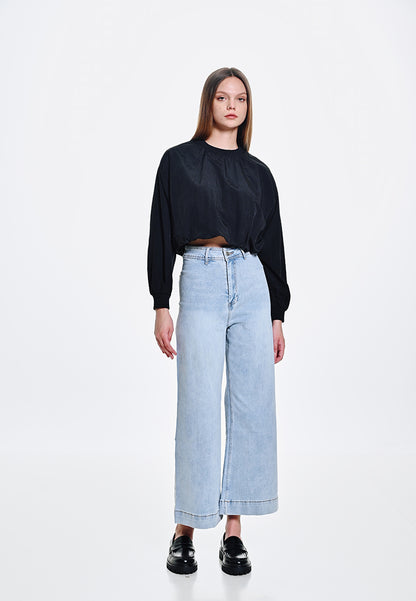 Women Wide Leg Long Jeans - Light Blue - 410049