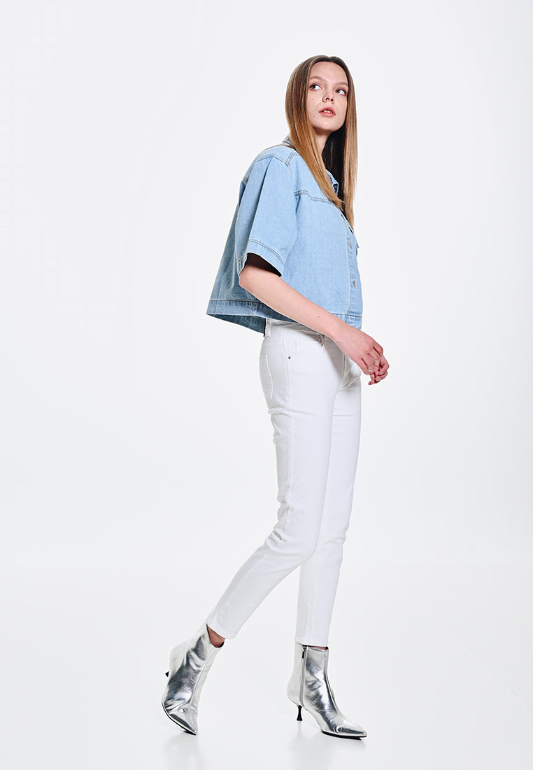 Women Crop Denim Shirt - Light Blue - 410054