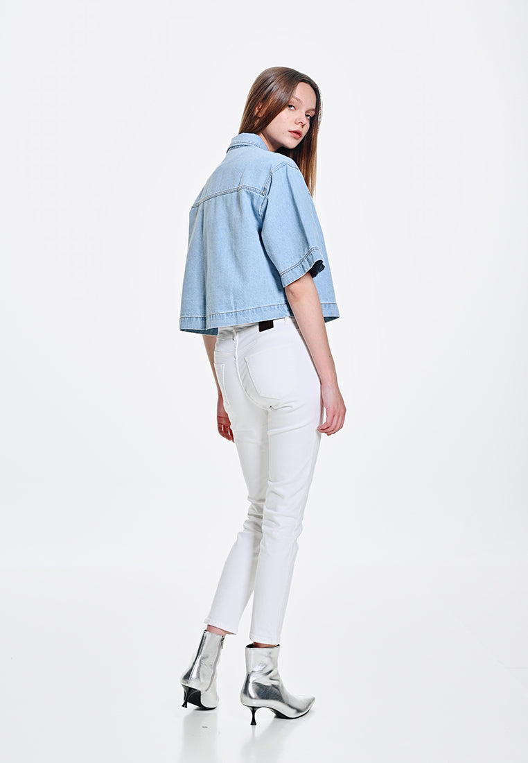 Women Crop Denim Shirt - Light Blue - 410054