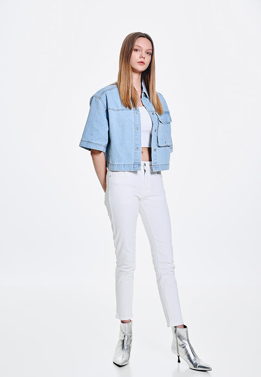 Women Crop Denim Shirt - Light Blue - 410054