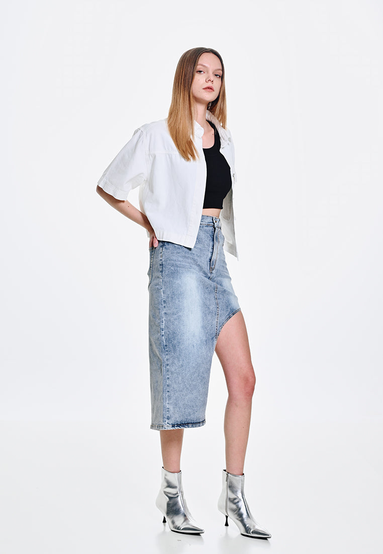 Women Crop Denim Shirt - White - 410055