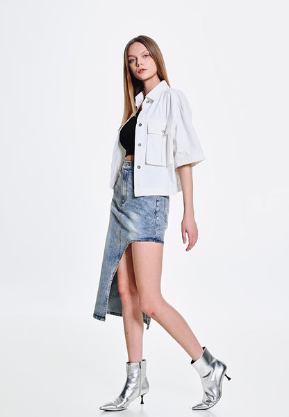 Women Crop Denim Shirt - White - 410055