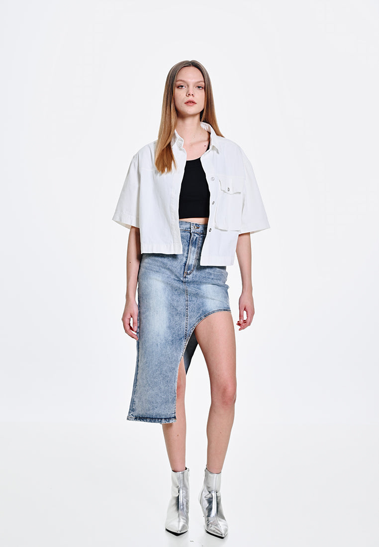 Women Crop Denim Shirt - White - 410055