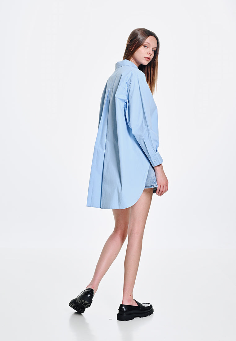 Women Oversized Long-Sleeve Blouse - Light Blue - 410082