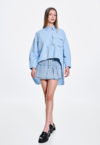 Women Oversized Long-Sleeve Blouse - Light Blue - 410082