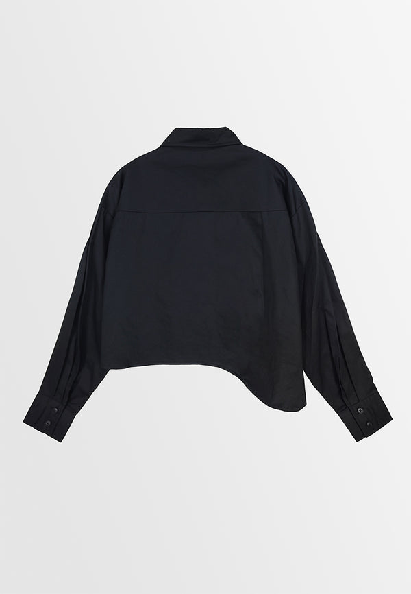 Women Poplin Long-Sleeve Cropped Shirt - Black - 310125