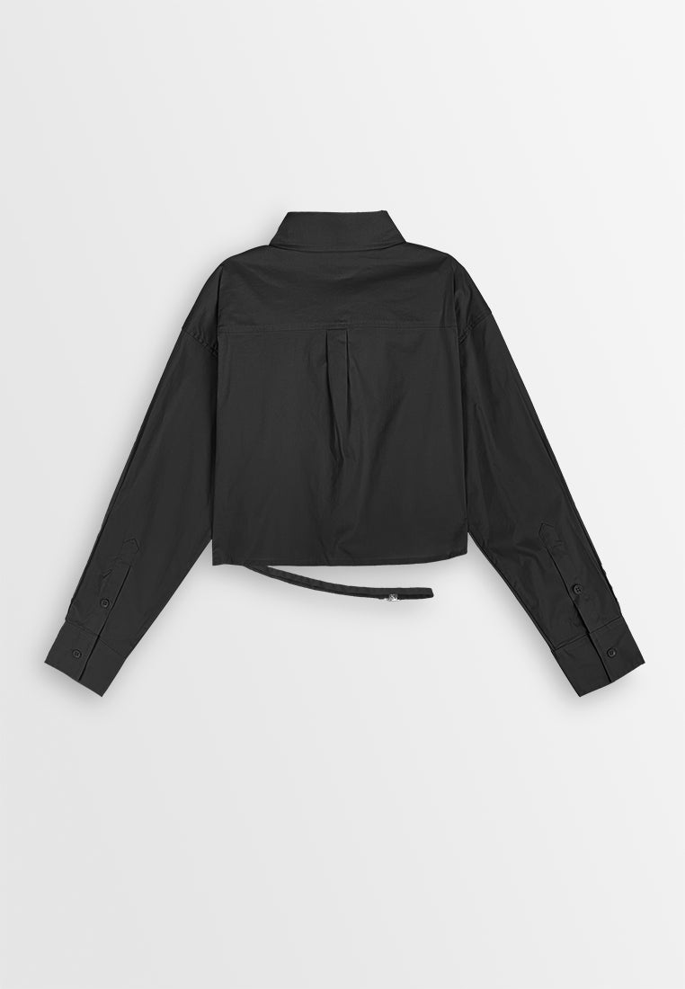 Women Long-Sleeve Crop Shirt - Black - 410275