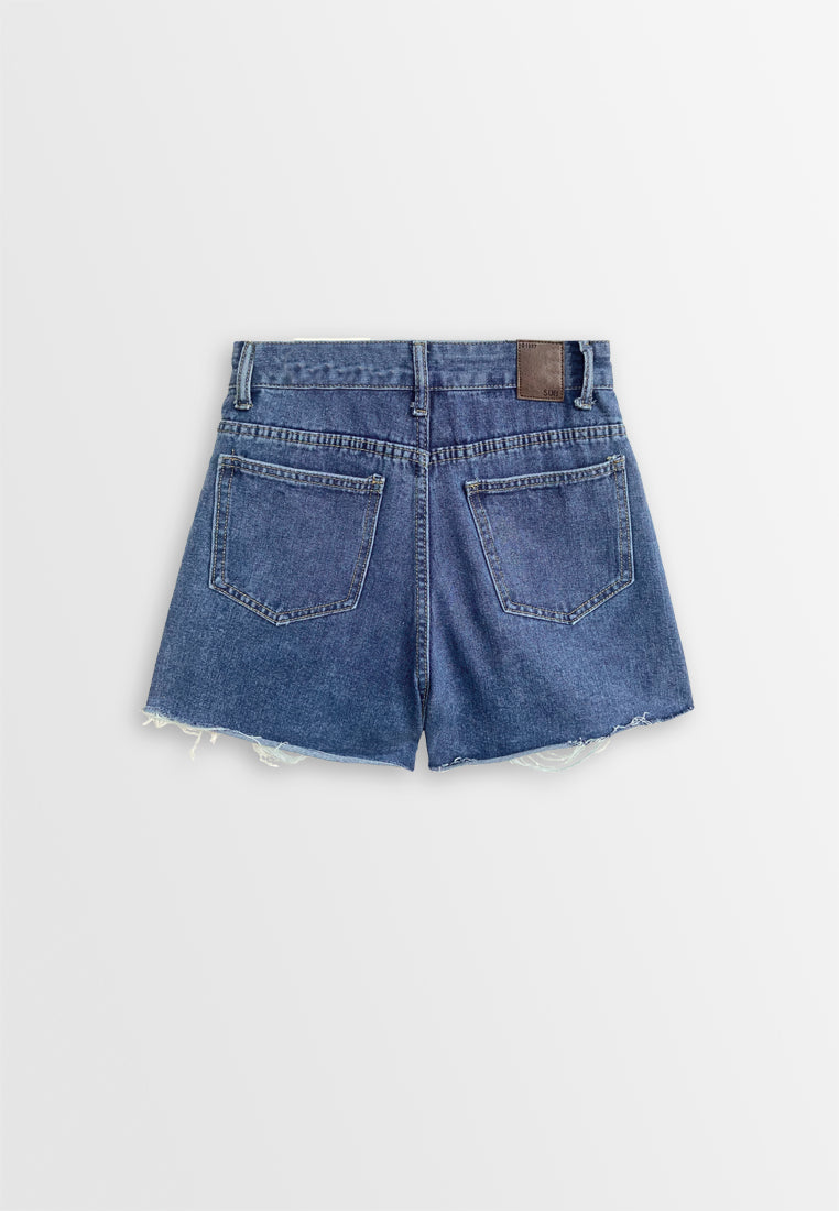 Women Ripped Denim Short - Blue - 510104