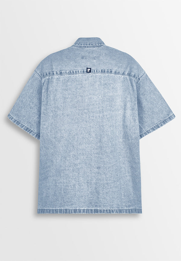 Men Oversized Short-Sleeve Denim Shirt - Light Blue - 410259