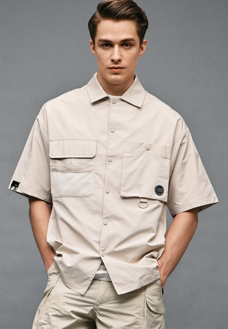 Men Oversized Short-Sleeve Shirt - Light Khaki - 410331