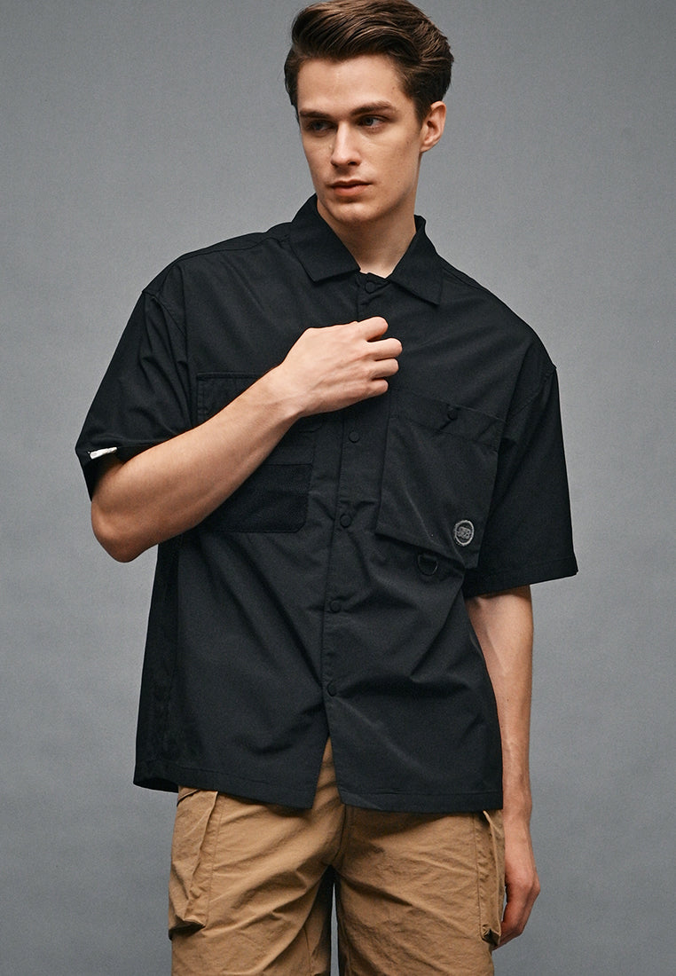 Men Oversized Short-Sleeve Shirt - Black - 410332