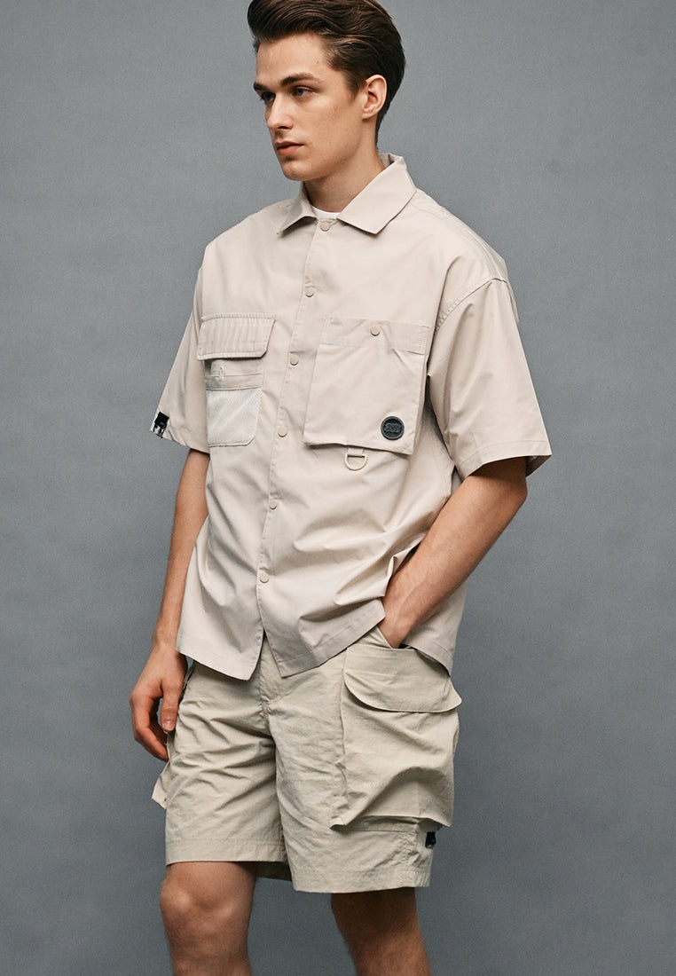 Men Oversized Short-Sleeve Shirt - Light Khaki - 410331