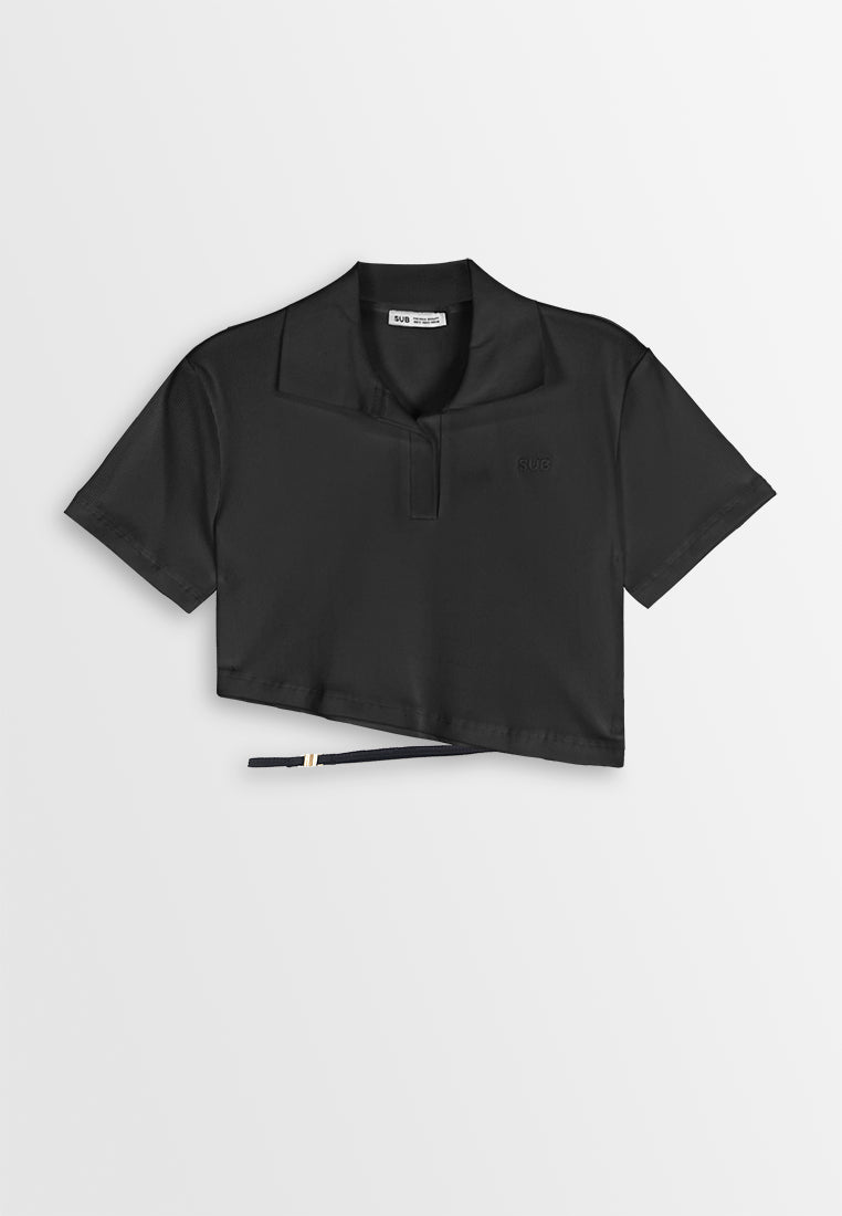 Women Crop Polo Tee - Black- 410272