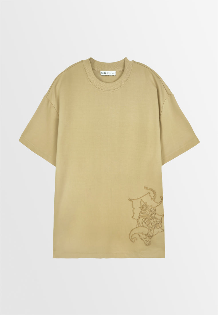 Men Oversized T-Shirt Short Sleeve - Khaki - 410143