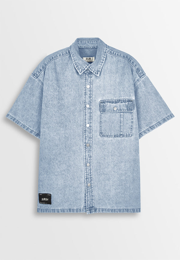 Men Oversized Short-Sleeve Denim Shirt - Light Blue - 410259