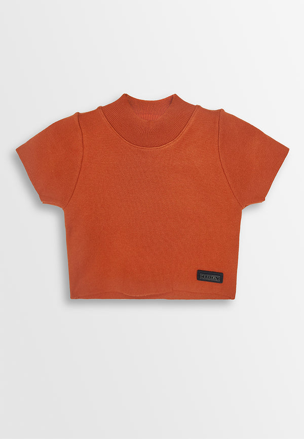 Women Short Sleeve Knit Crop Top - Orange - 410238