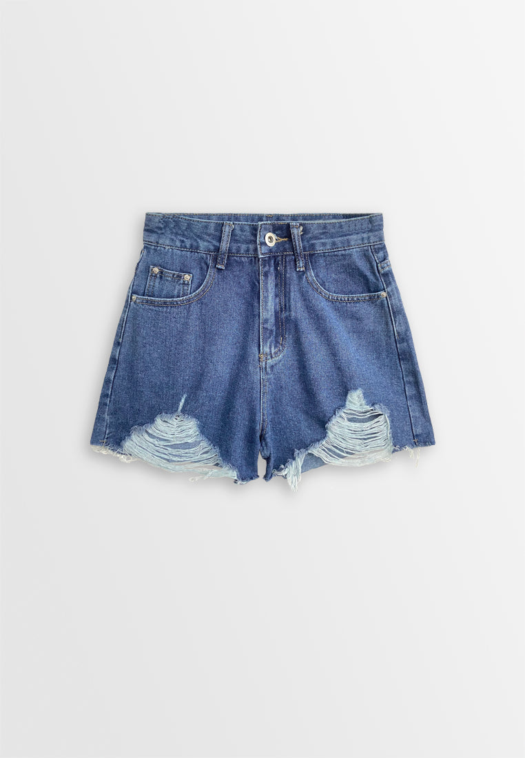 Women Ripped Denim Short - Blue - 510104