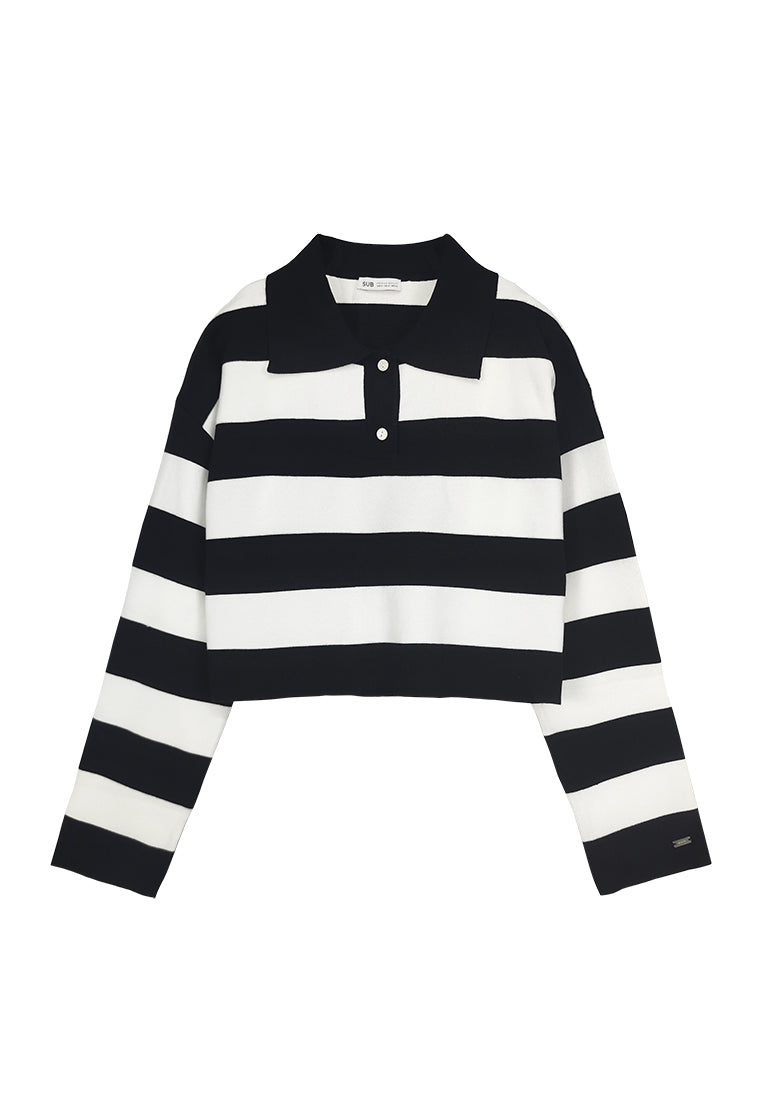 Women Long-Sleeve Striped Knitwear - Black - 310035