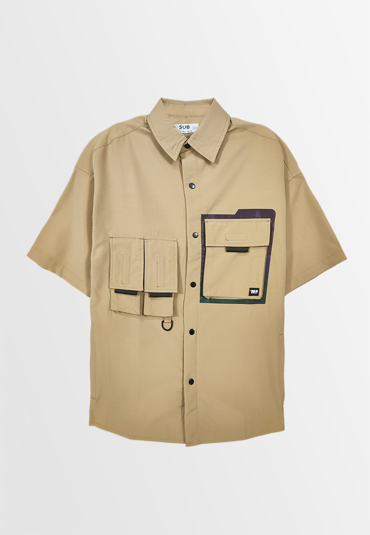 Men Oversized Short-Sleeve Shirt - Khaki - S3M746