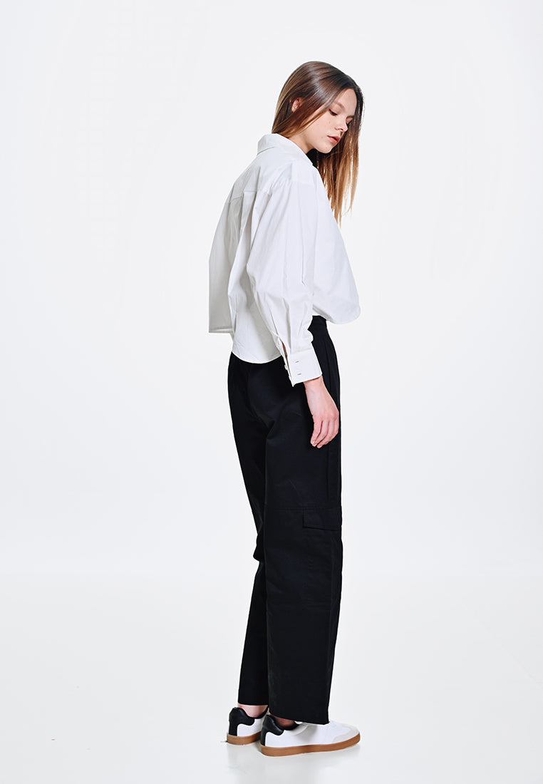 Women Poplin Long-Sleeve Cropped Shirt - White - 310124