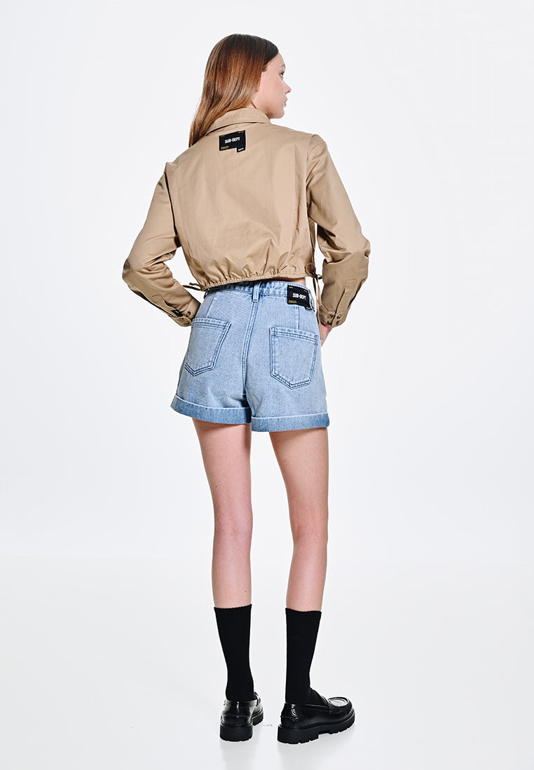 Women Long-Sleeve Cropped Shirt - Khaki - 310130