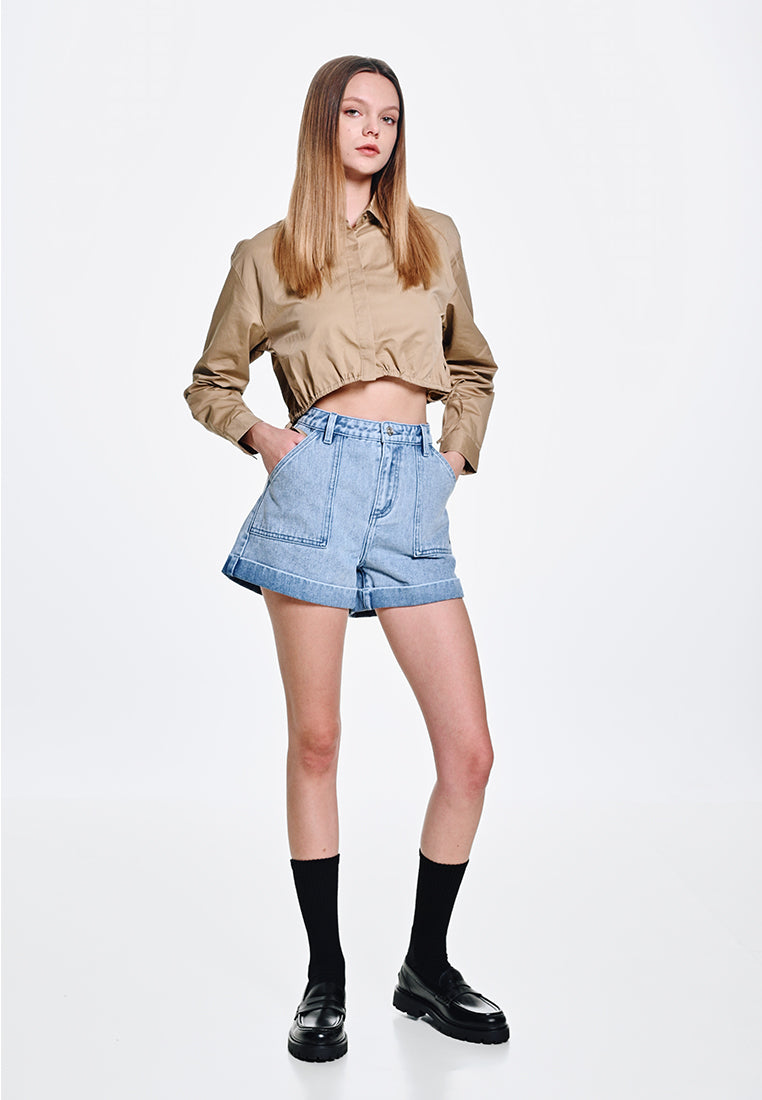 Women Long-Sleeve Cropped Shirt - Khaki - 310130