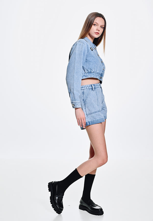 Women Cropped Denim Jacket - Blue - 310136