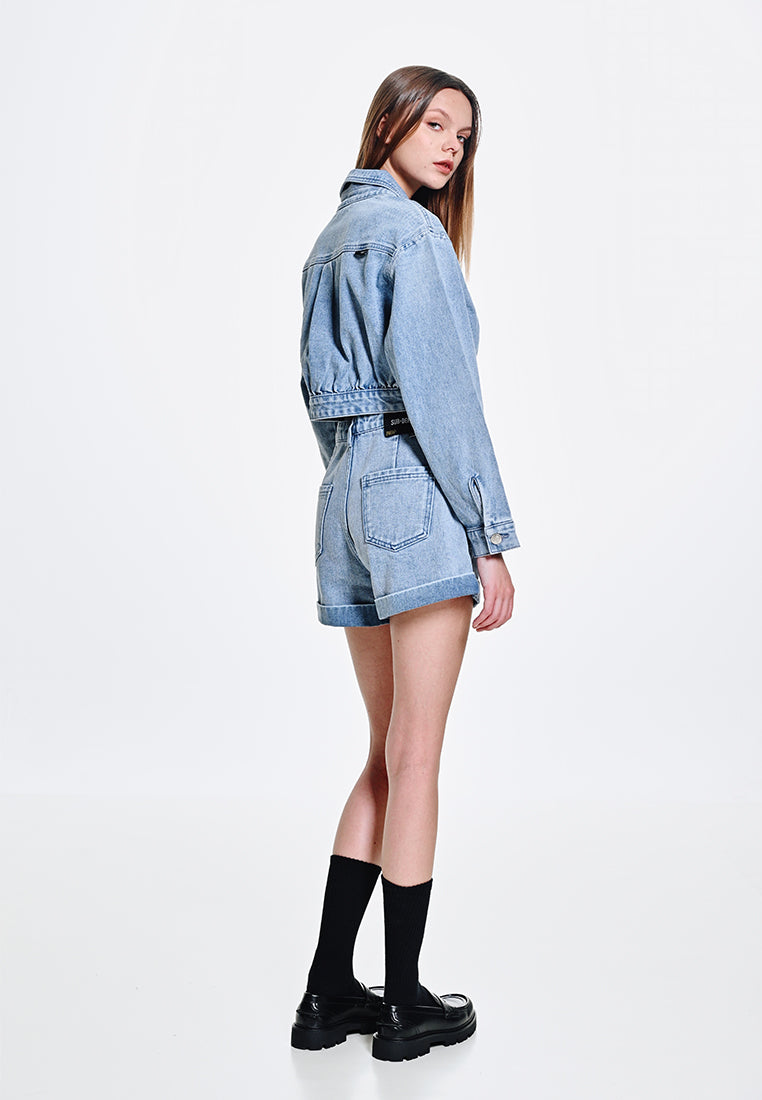 Women Cropped Denim Jacket - Blue - 310136