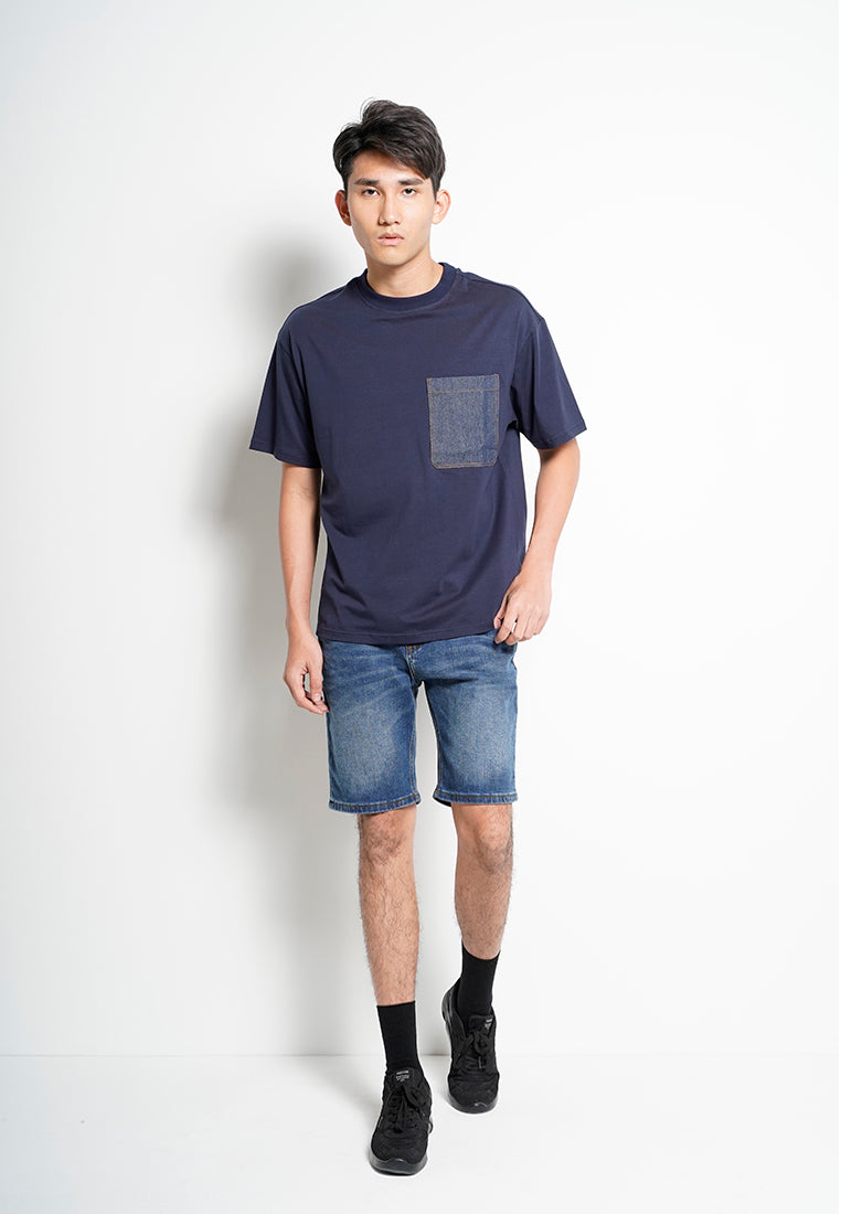 Men Short-Sleeve Woven Pocket Fashion Tee - Navy - H0M728