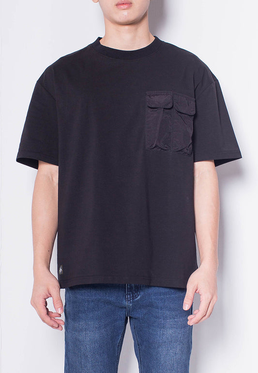 Men Short-Sleeve Woven Flap Pocket Fashion Tee - BLACK - H0M692