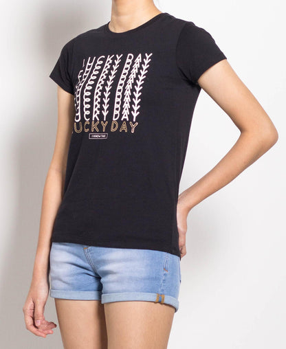 Women Short Sleeve Graphic Tee - Black - F0W696