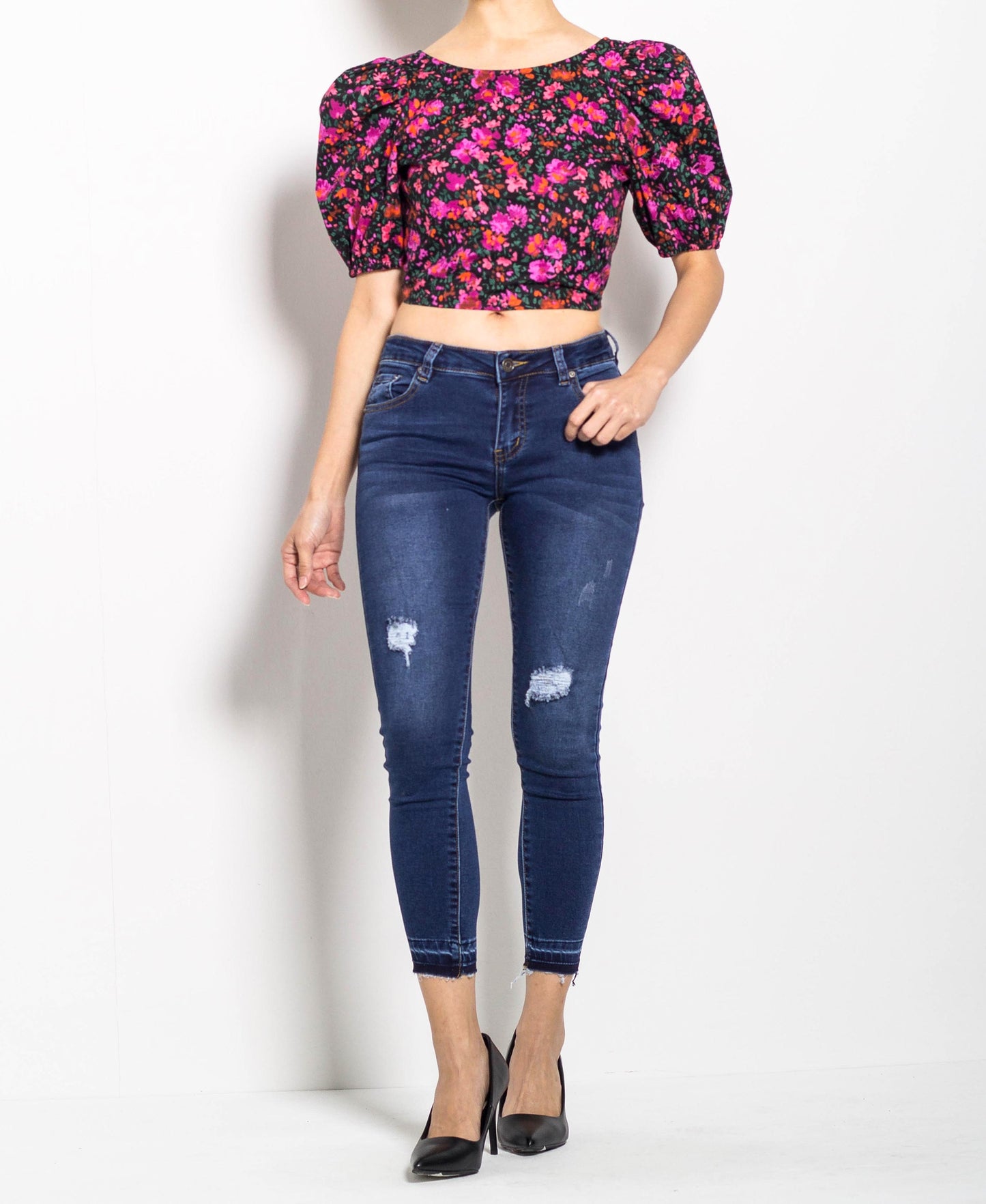 Women Floral Draped Blouse - Black - H0W713