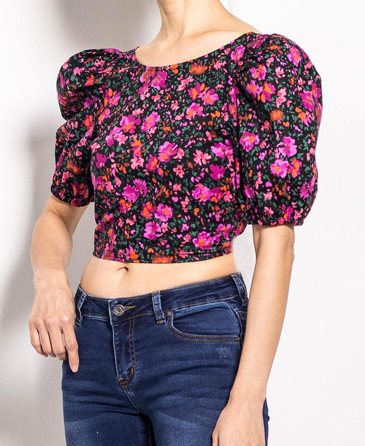 Women Floral Draped Blouse - Black - H0W713