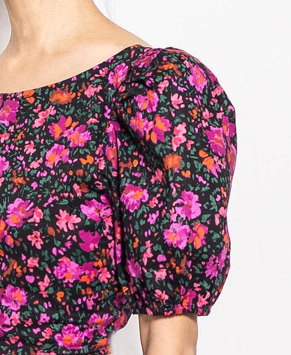 Women Floral Draped Blouse - Black - H0W713