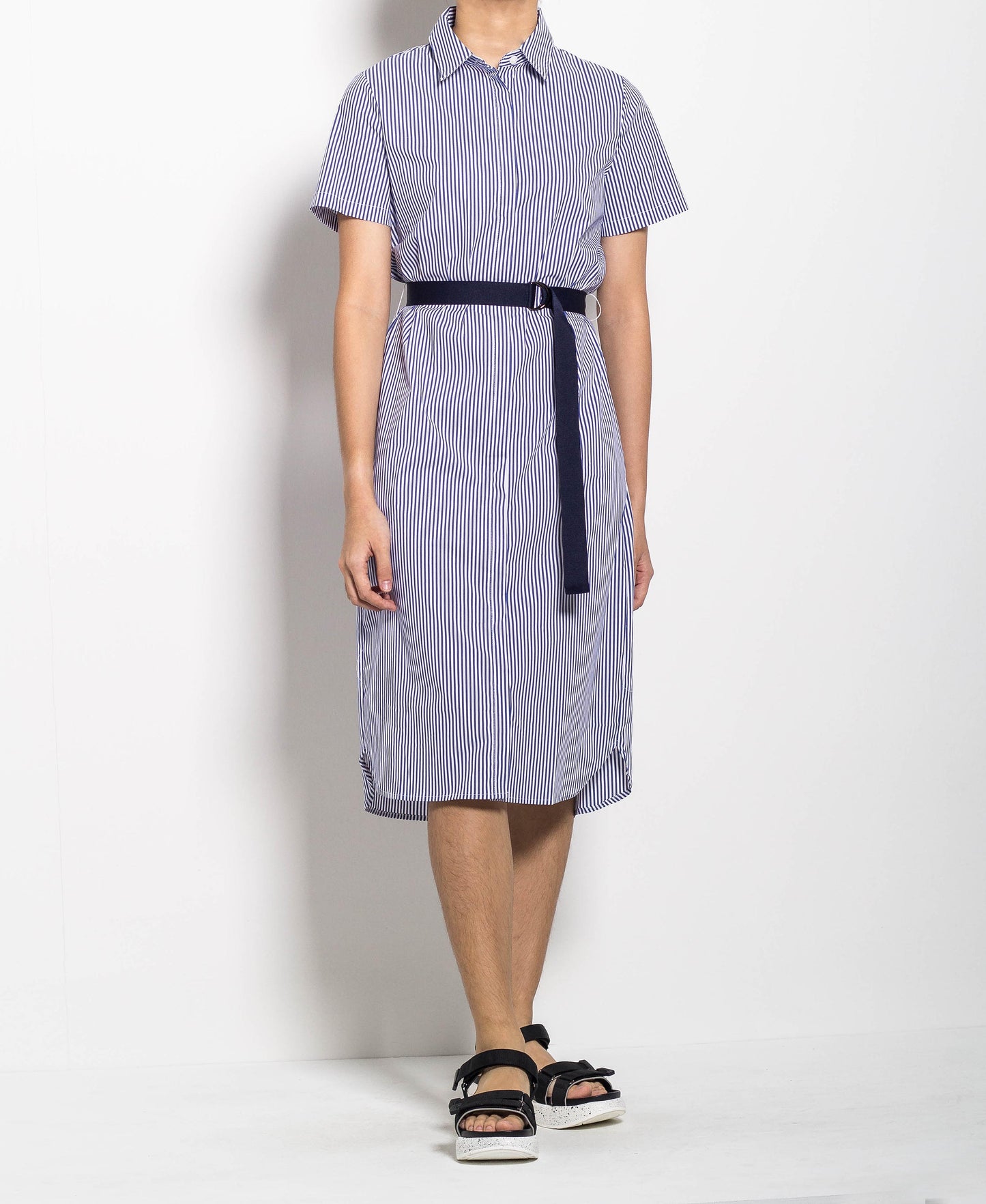 Women Stripe Long Shirt Dress With Belt - Blue - H0W739