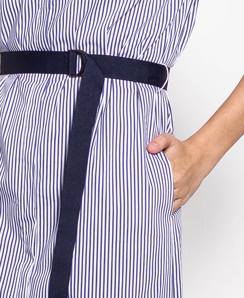 Women Stripe Long Shirt Dress With Belt - Blue - H0W739