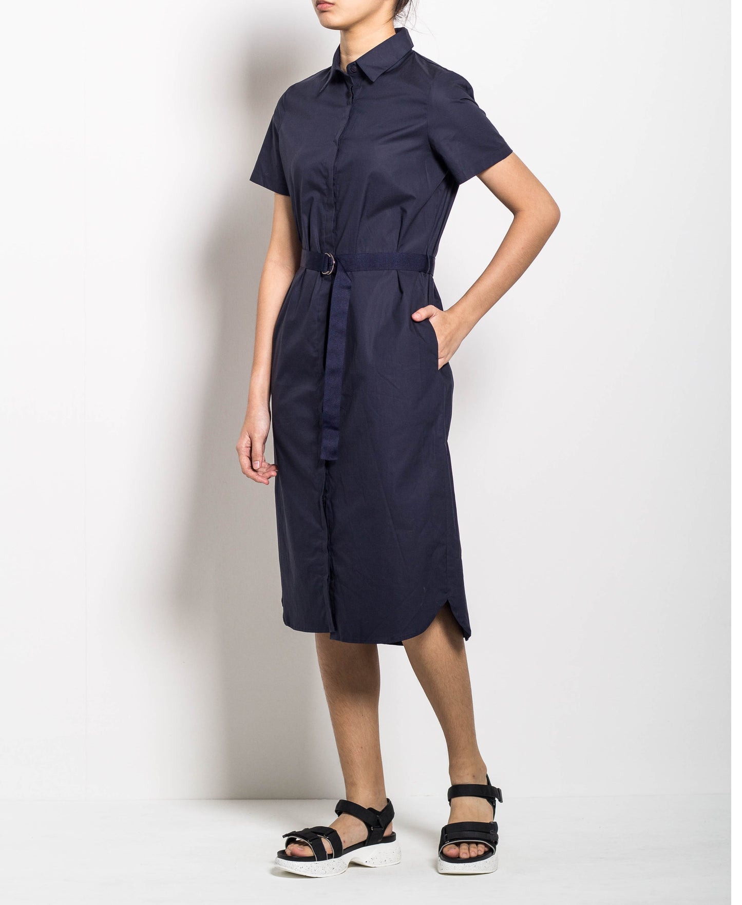 Women  Long Shirt Dress With Belt - Navy - H0W740