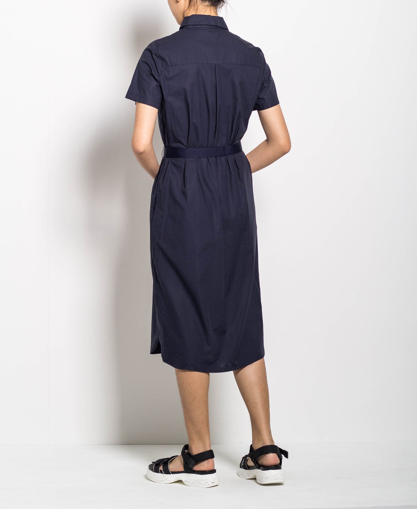 Women  Long Shirt Dress With Belt - Navy - H0W740